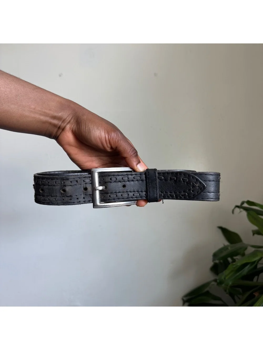 90s distressed Black Genuine Leather Stitched unisex Belt Size 38 Silver Buckle